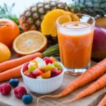 A display of fresh carrots and fruits like oranges, pineapples, and berries showcasing perfect flavor pairings.