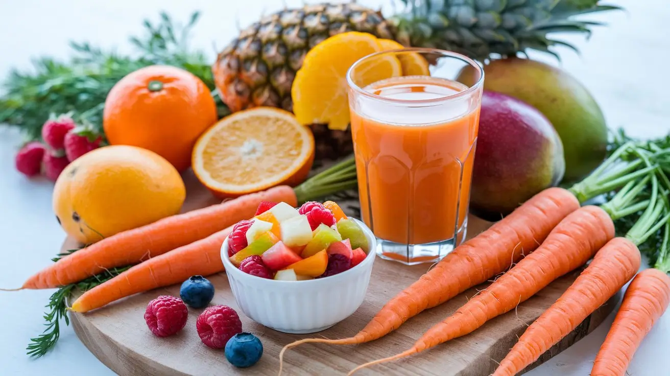 A display of fresh carrots and fruits like oranges, pineapples, and berries showcasing perfect flavor pairings.