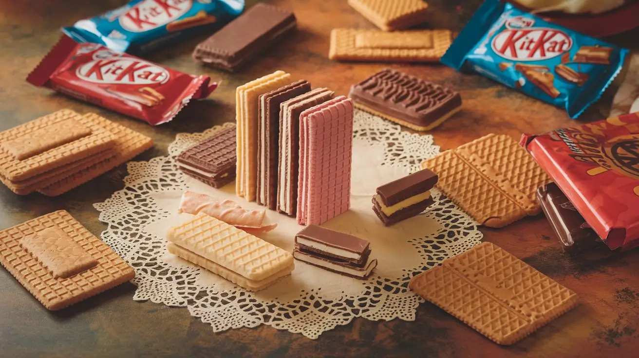 An assortment of colorful wafer cookies from iconic brands, placed on a vintage-style table with retro packaging in a nostalgic setting.