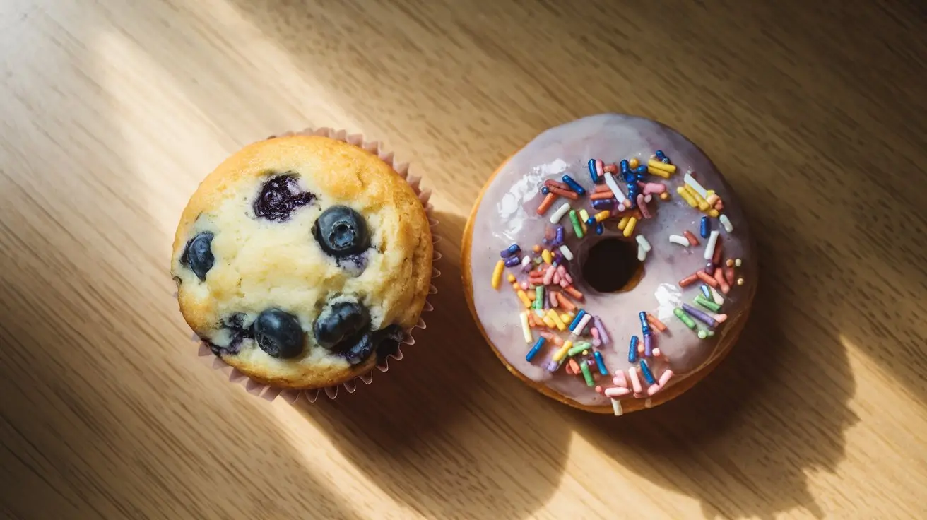 Muffin and donut side by side on a wooden table.