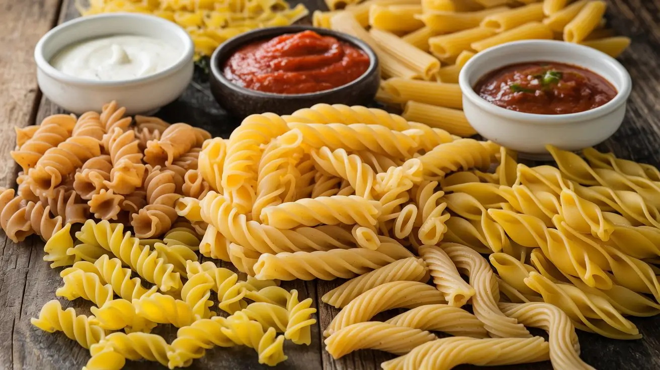 A selection of pasta types, including cavatappi, cellentani, fusilli, penne, and rotini, displayed on a rustic wooden table with sauces.