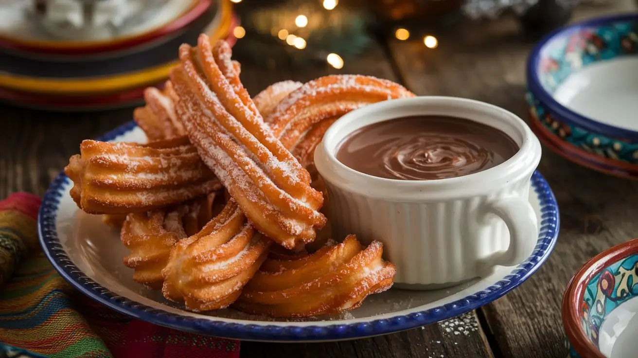 Golden churros with cinnamon and sugar, served with hot chocolate on a rustic wooden table.