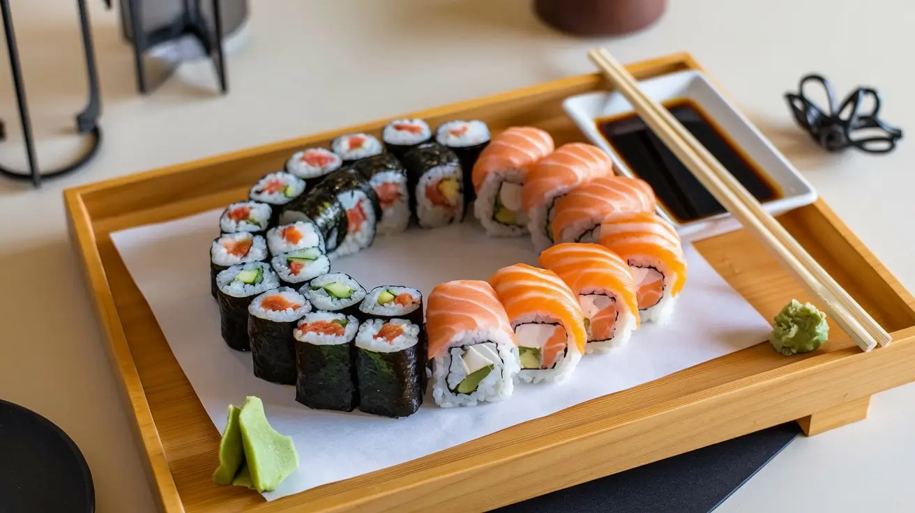 Boston roll and Philadelphia roll on a sushi platter with soy sauce and chopsticks.