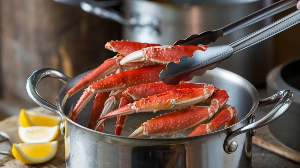 Steamed snow crab legs with steam rising from a pot.