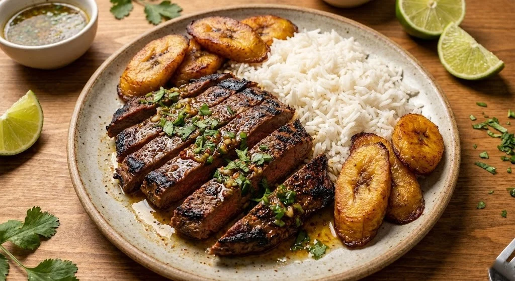 Island Style: Grilled Steak with Rice and Fried Plantains