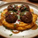 Gourmet Comfort: Irresistible Meatballs with Sweet Potato Mash & Bourbon-Maple Sauce
