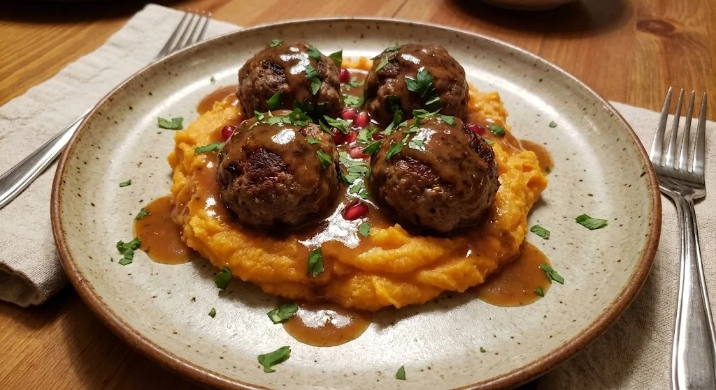 Gourmet Comfort: Irresistible Meatballs with Sweet Potato Mash & Bourbon-Maple Sauce