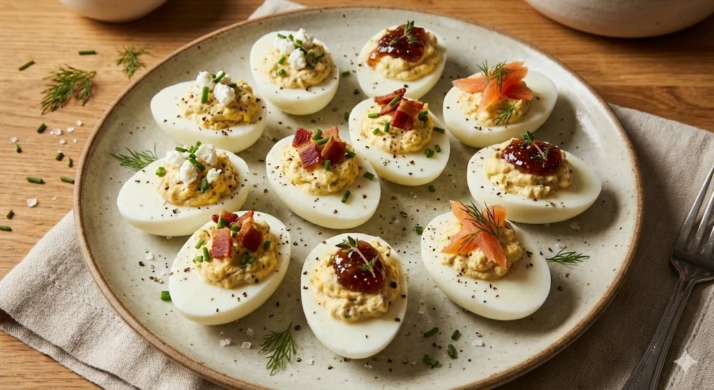 Elegant Date Night Starters: Goat Cheese Deviled Eggs with Creative Toppings