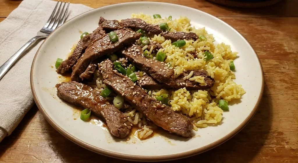 Quick Weeknight Meals: Savory Beef Strips and Yellow Rice