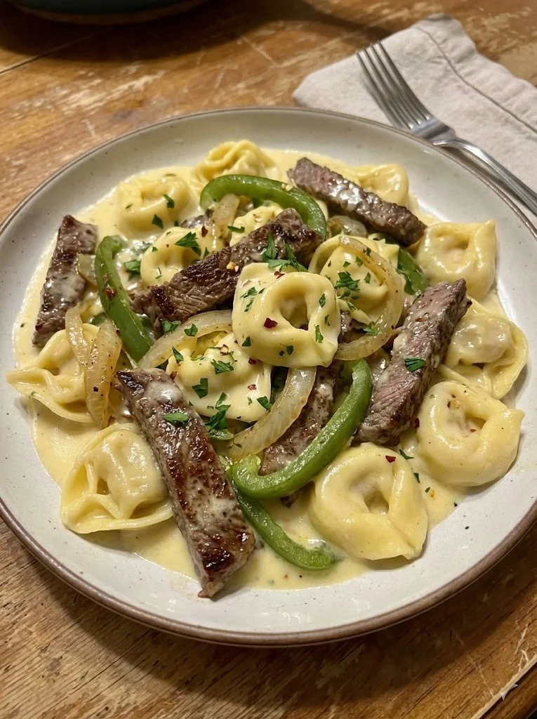 Cheesesteak Tortellini in Provolone Sauce